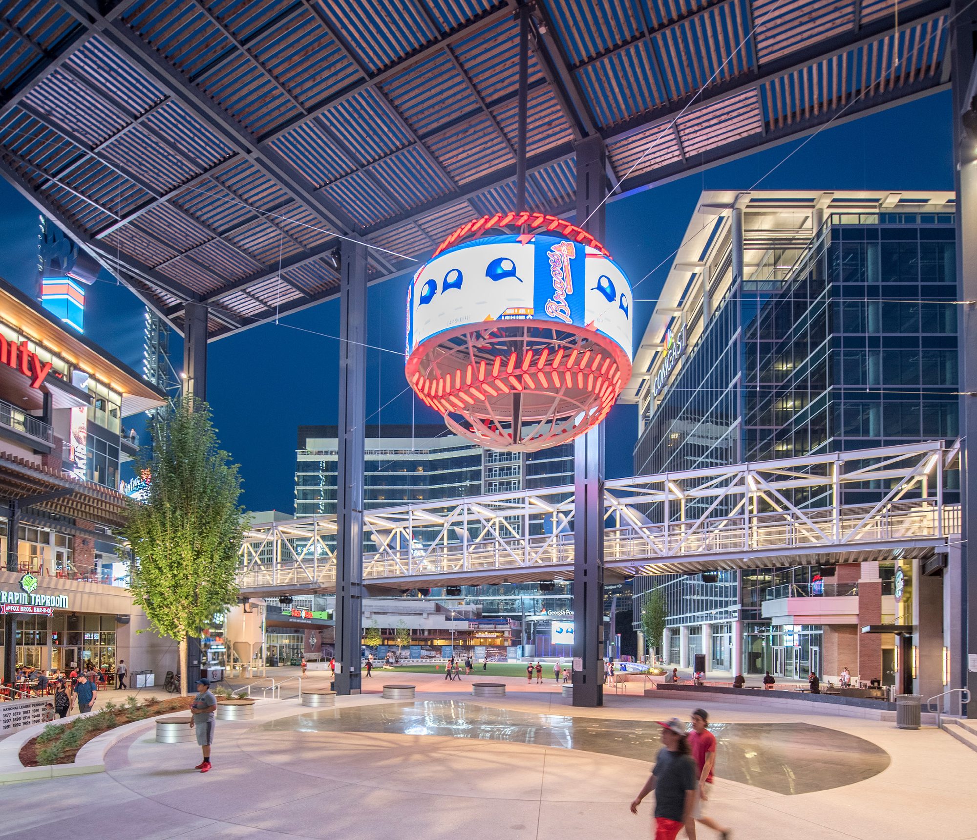 The LED baseball suspended over the plaza at The Battery Atlanta