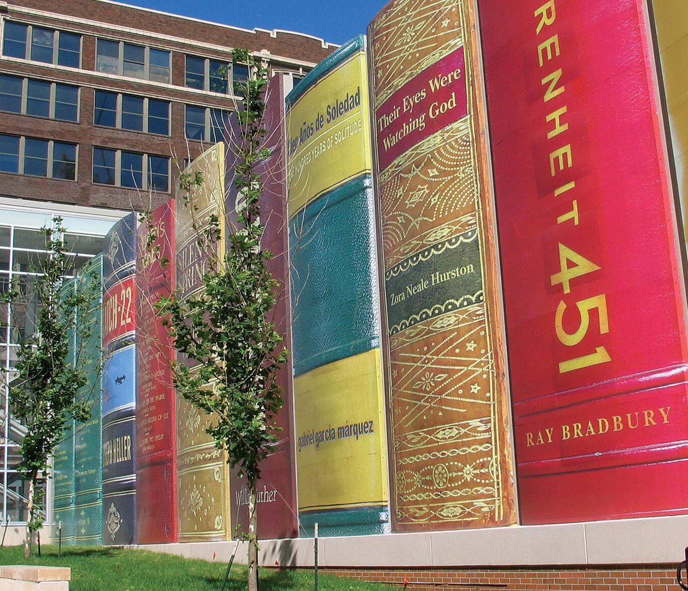 Oversized book spines on the Kansas City Public Library parking garage façade